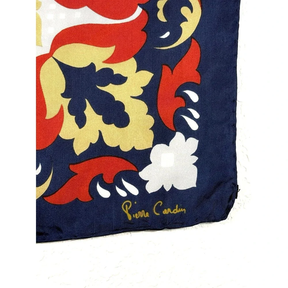 Vintage Pierre Cardin 100% Silk Scarf 14” Navy Red Gold Baroque Floral Mod Boho